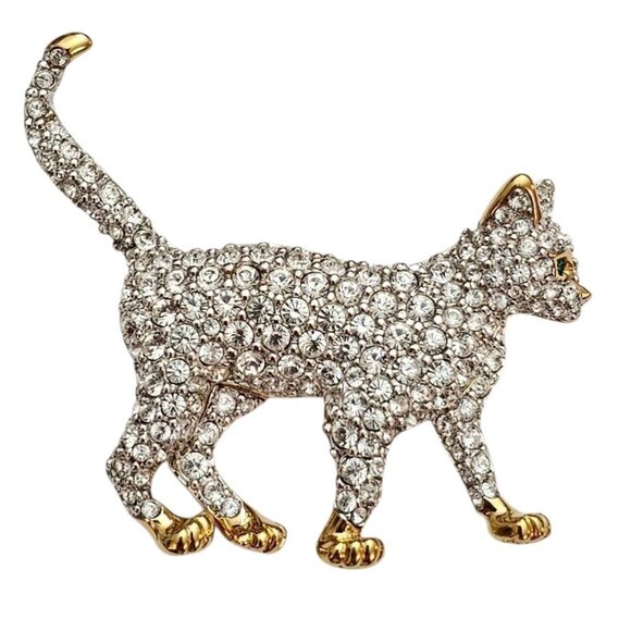 Swarovski Clear Rhinestone Cat Brooch Marked With Swan Logo - Picture 1 of 10